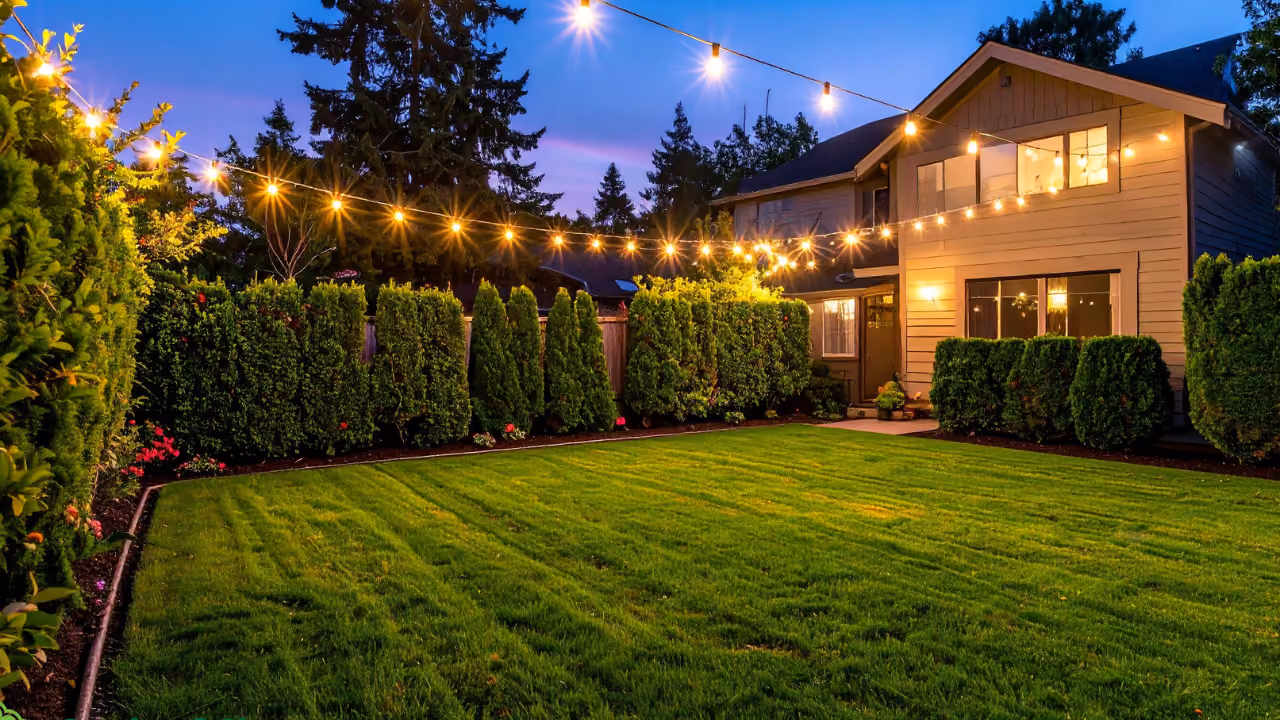 Well lit house with a well manicured yard
