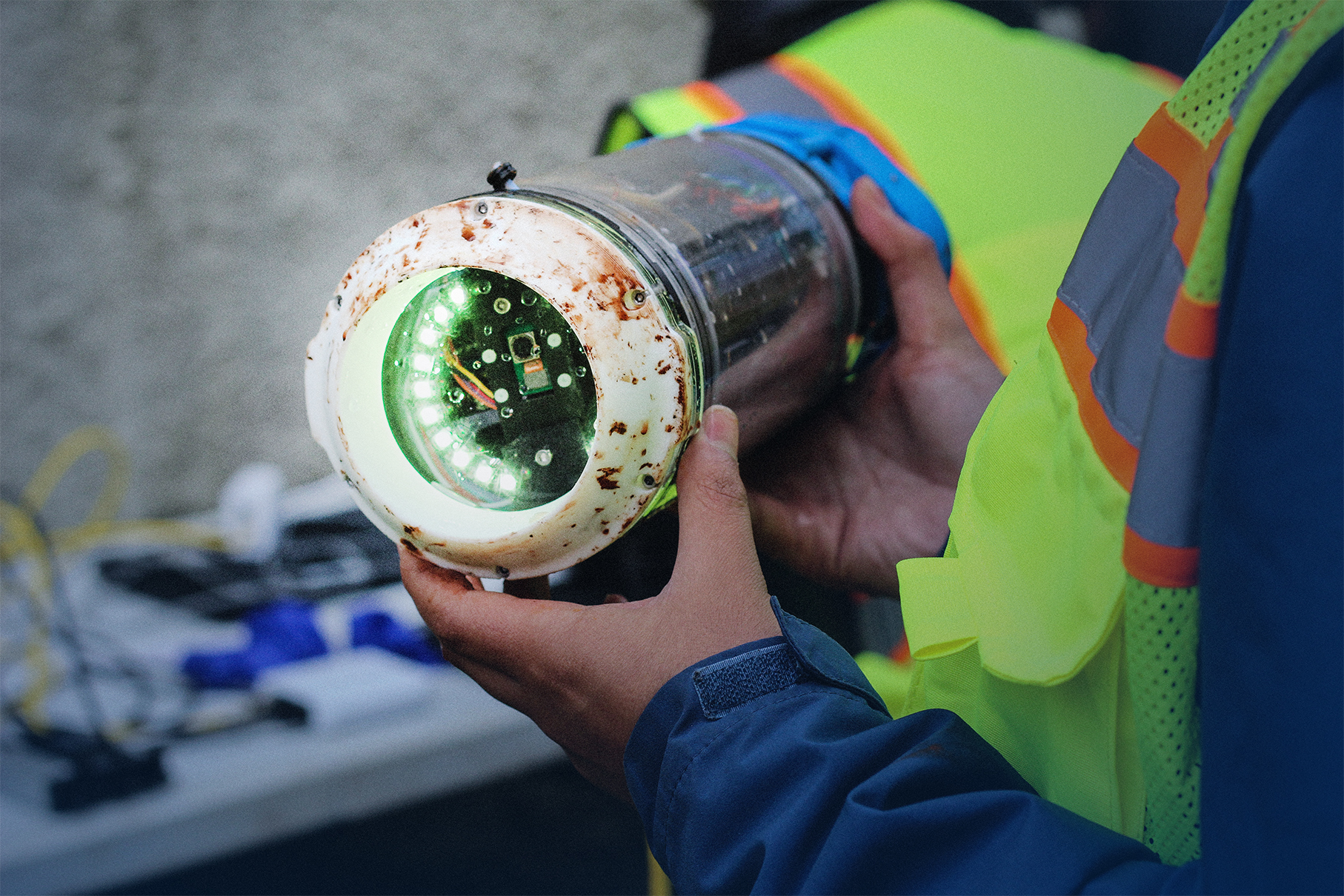 Person in safety vest holding a cylindrical device with illuminated circular circuit board inside.