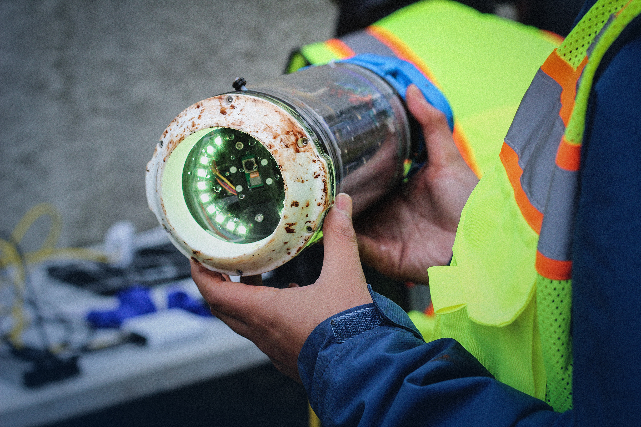 Person in high-visibility safety vest holding a cylindrical inspection camera with illuminated LED ring and visible circuitry.