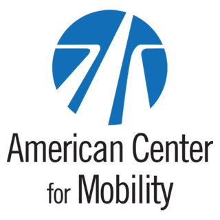 Logo of American Center for Mobility with stylized white road and arrow inside a blue circle.