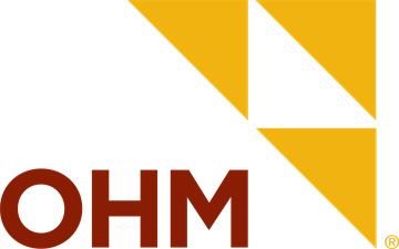 OHM logo with stylized uppercase letters in dark red next to three yellow triangle shapes forming a larger square.