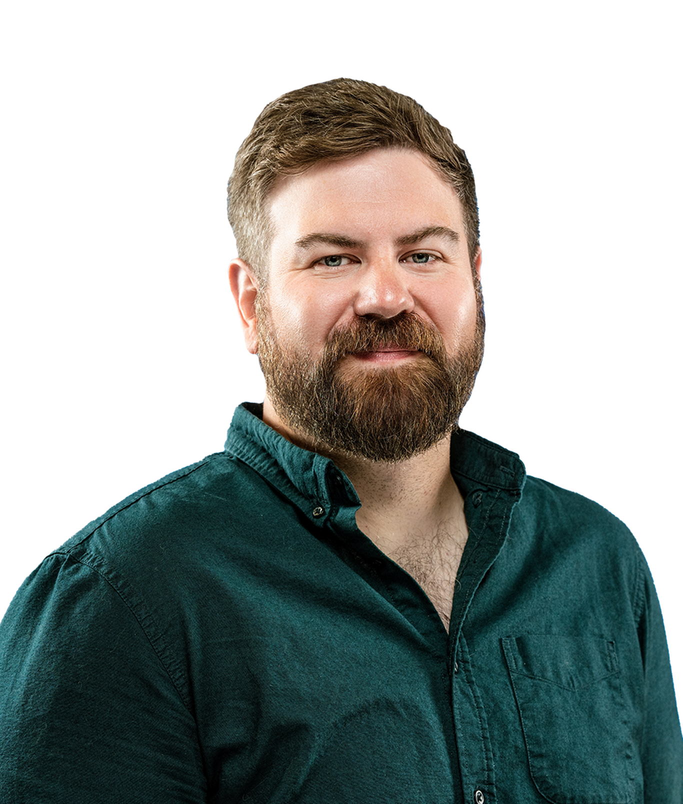 Portrait of a bearded man with short brown hair wearing a dark green button-up shirt.
