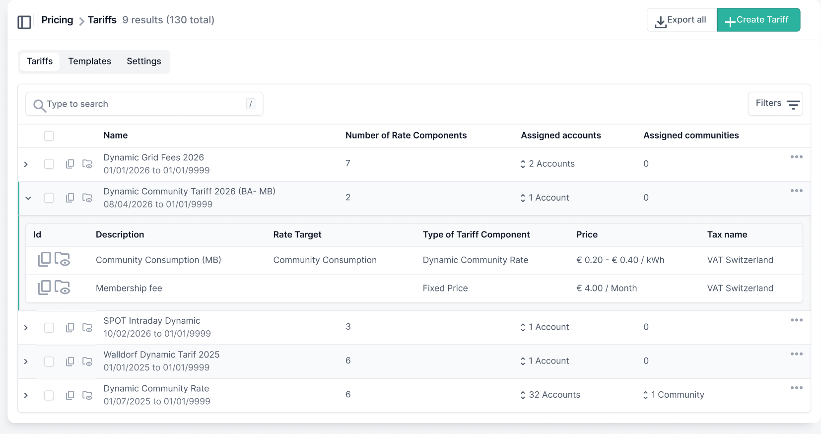 exnaton tariff and pricing management table