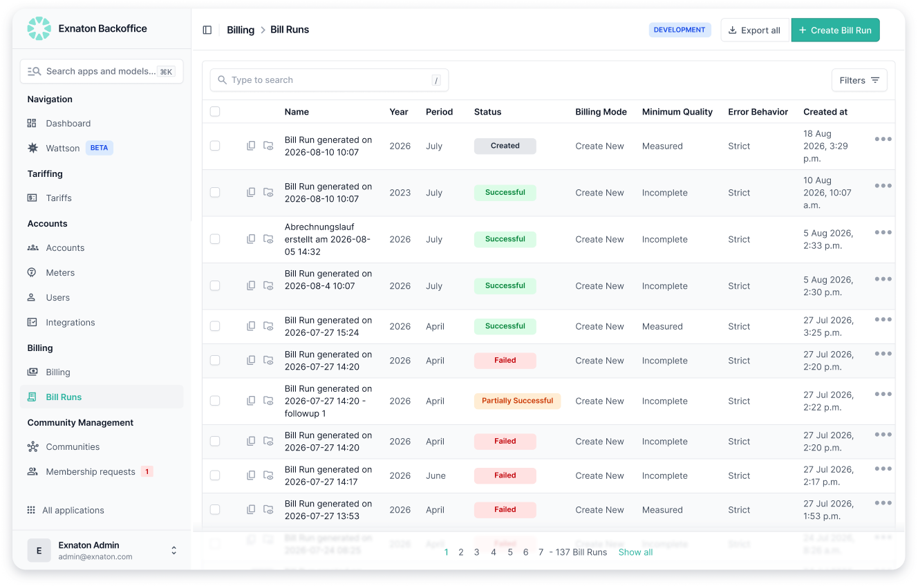 exnaton Backoffice bill runs list showing automated billing runs and their statuses