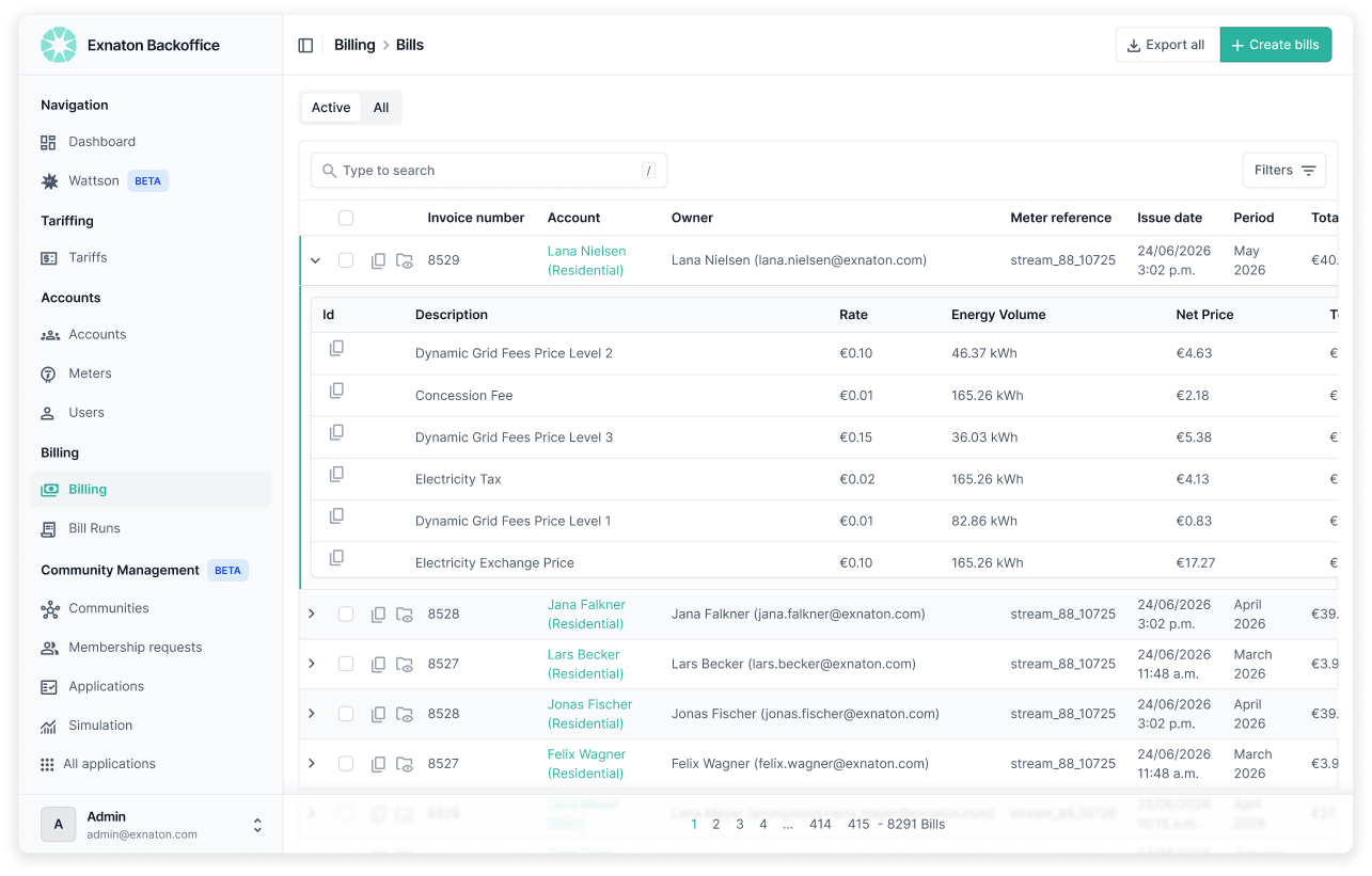 exnaton Billing module interface