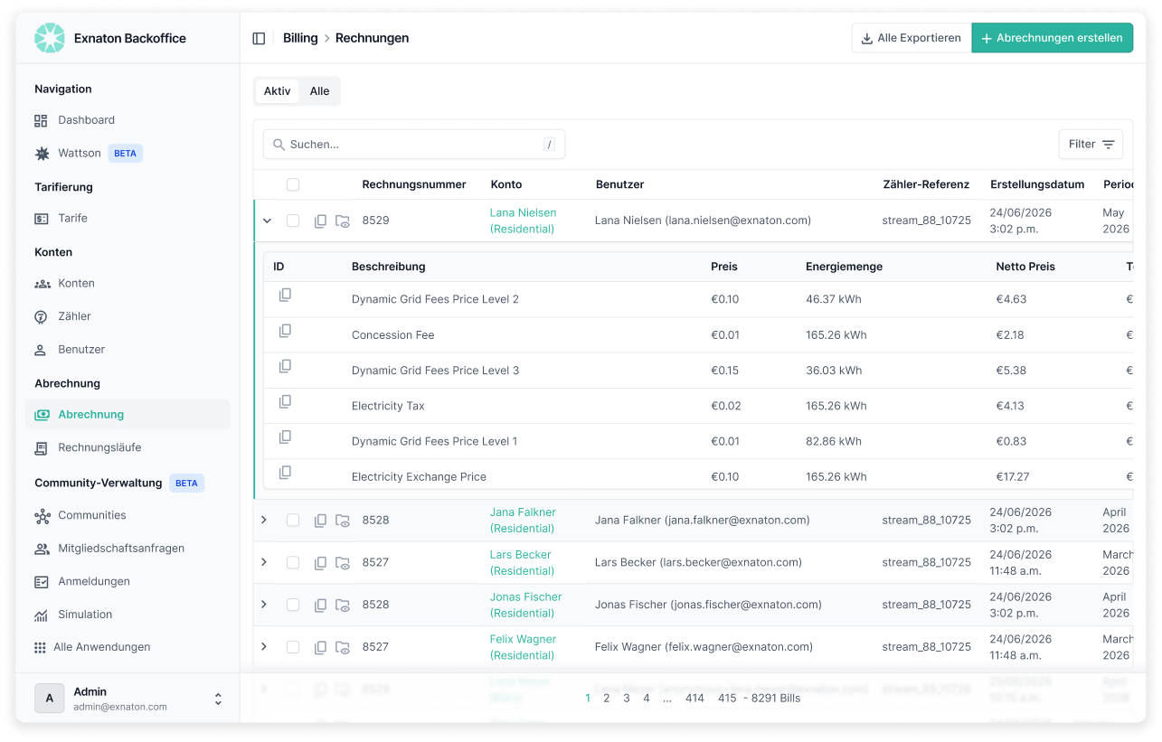 exnaton Billing module interface
