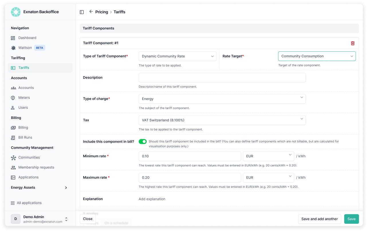 exnaton Tariff Designer module interface