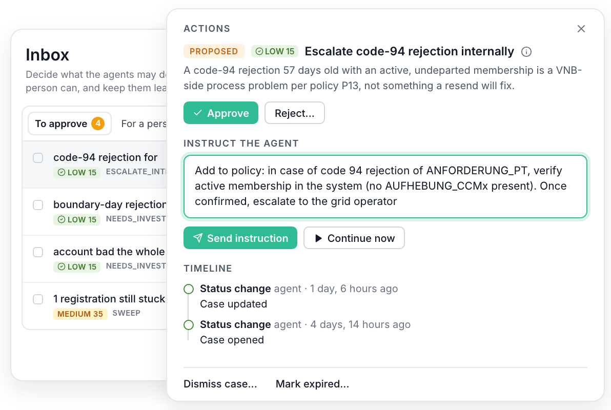 exnaton Backoffice inbox: approve a proposed action and give the agent a new policy rule