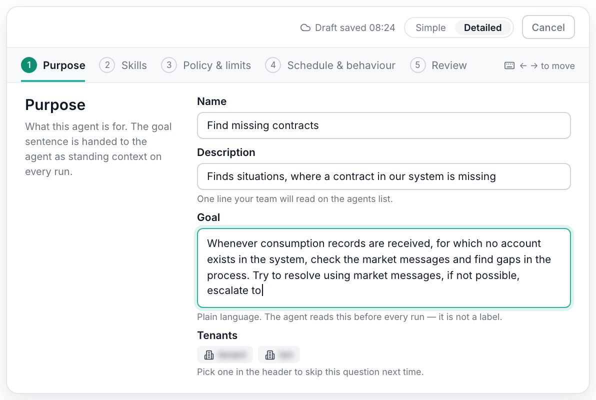 exnaton Backoffice: creating a new agent by describing its goal in plain language