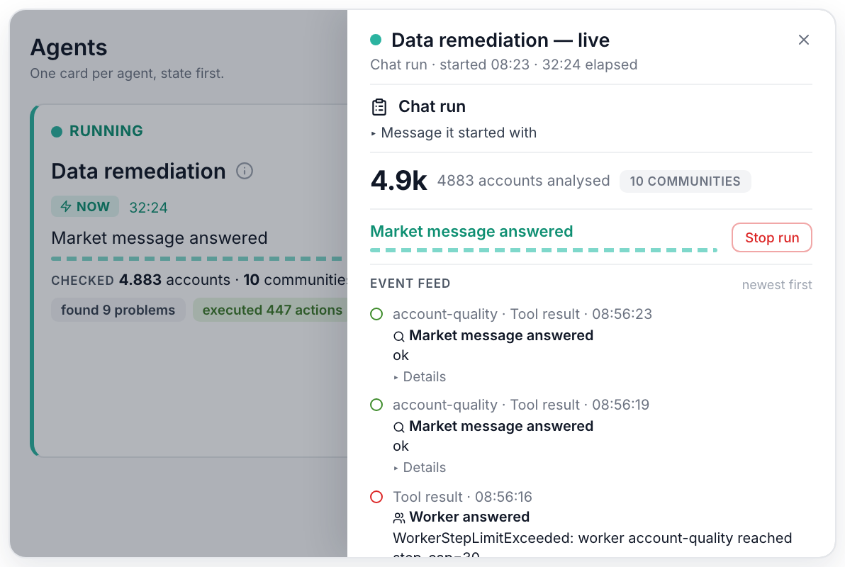 exnaton Backoffice: live view of an agent run with tool calls on market messages