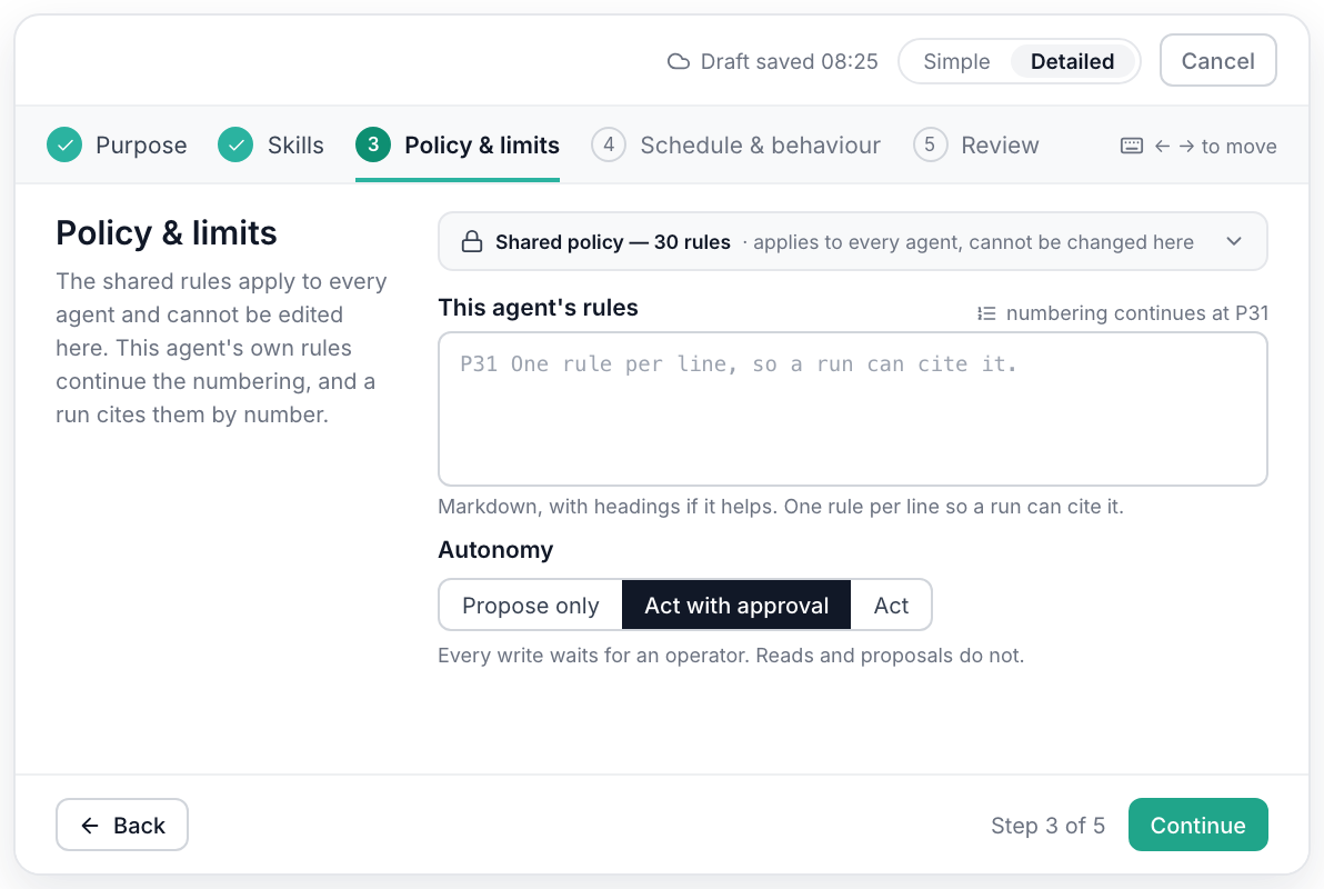exnaton Backoffice: agent policy and autonomy – every write waits for an operator's approval