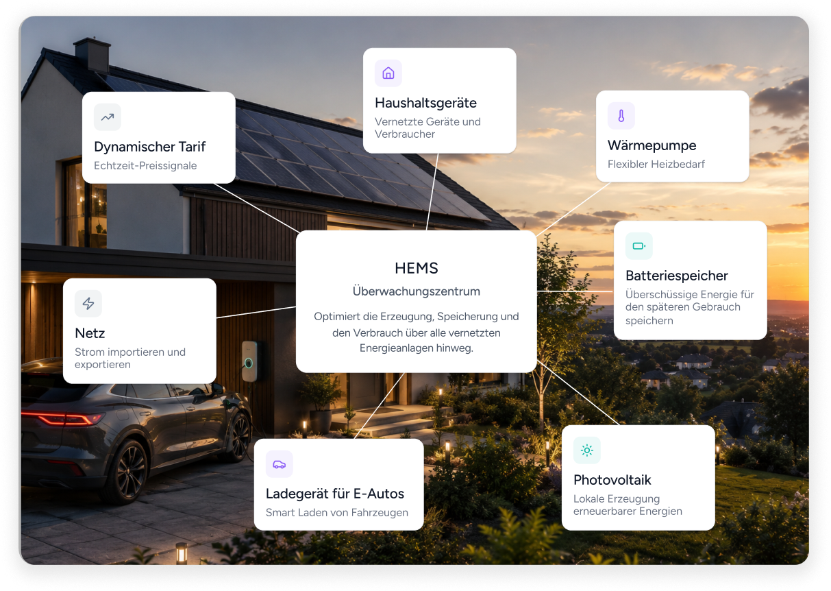 Home at sunset with an HEMS connecting the dynamic tariff, grid, household appliances, heat pump, battery storage, EV charger and solar PV
