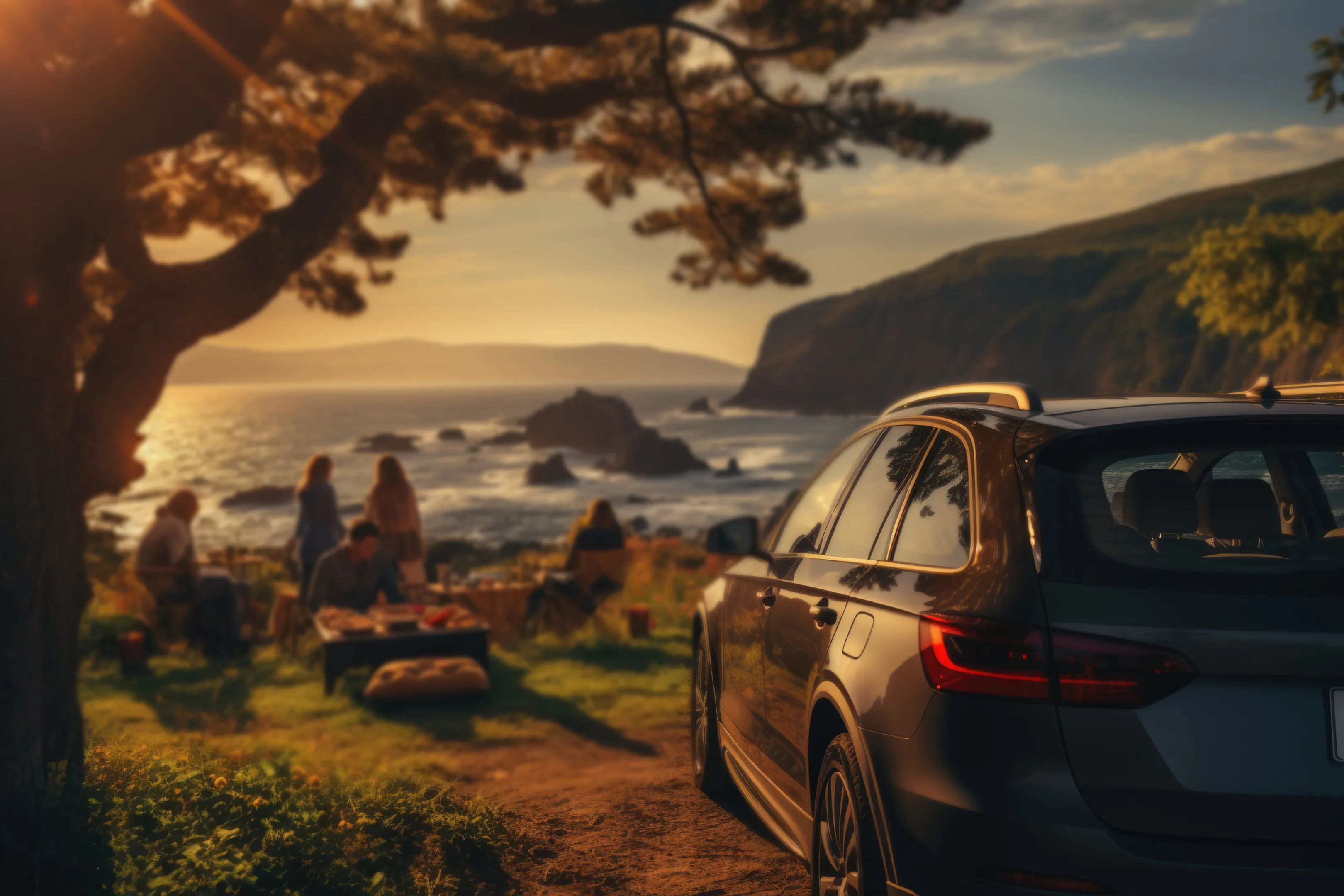 A family gathered for an evening picnic on a coastal overlook, with their car parked nearby