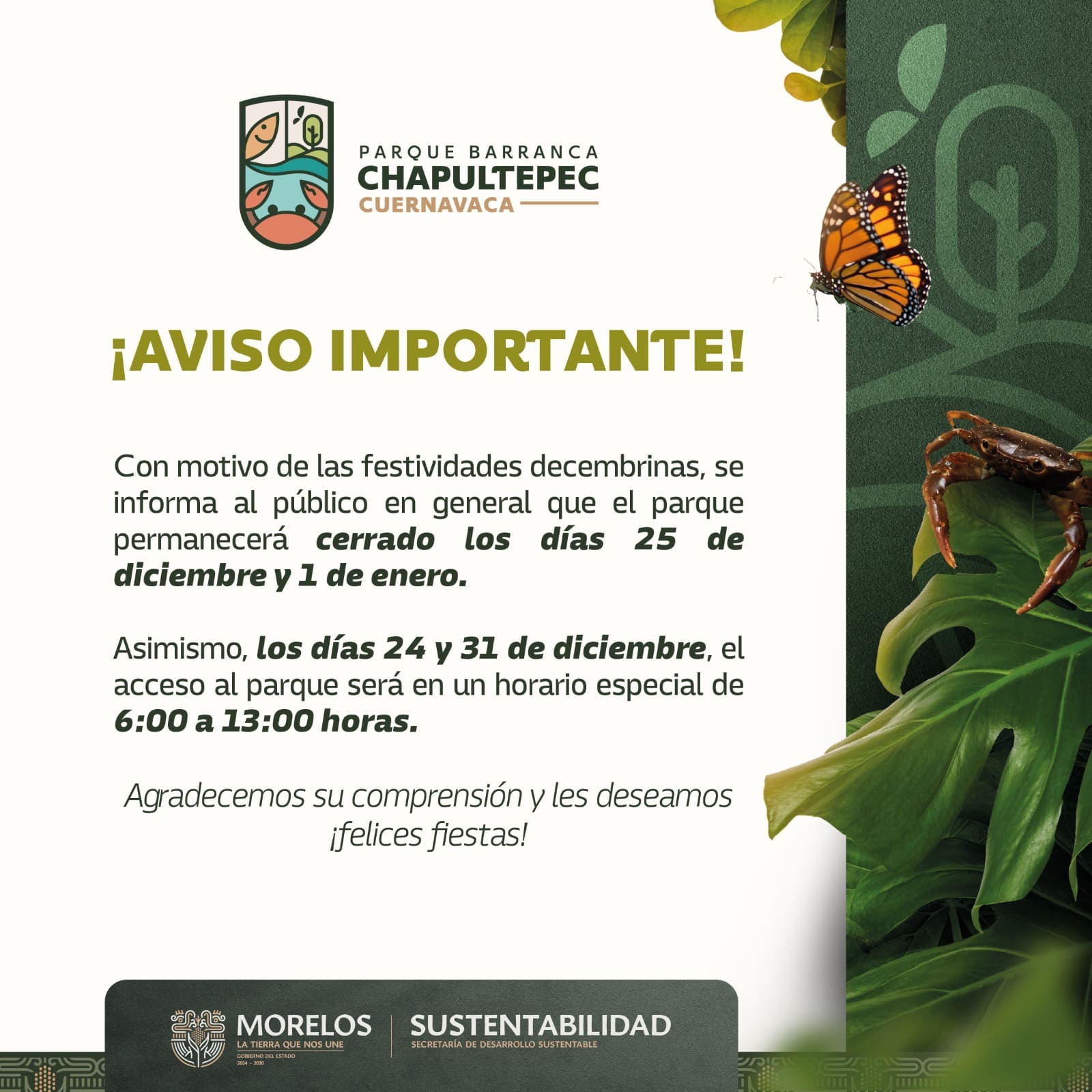 Informa Parque Estatal Urbano Barranca de Chapultepec ajustes en operación por festividades decembrinas