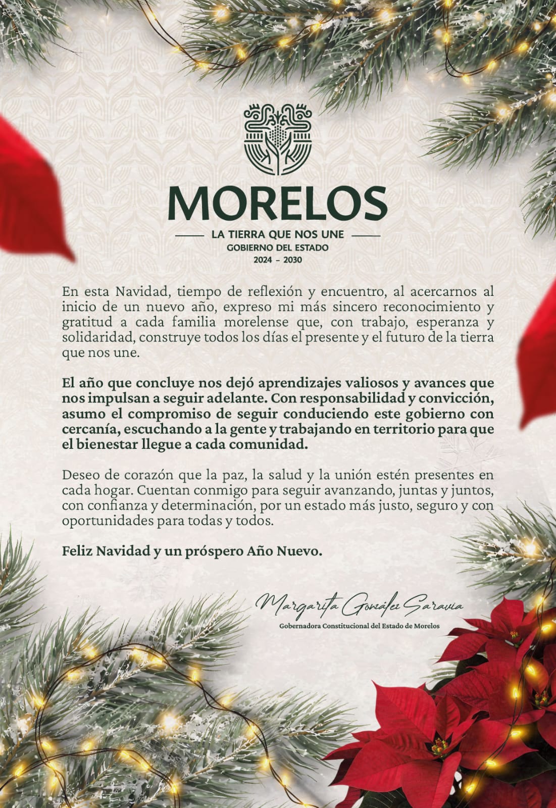 Expresa gobernadora Margarita González Saravia mensaje de unidad y esperanza en esta Navidad