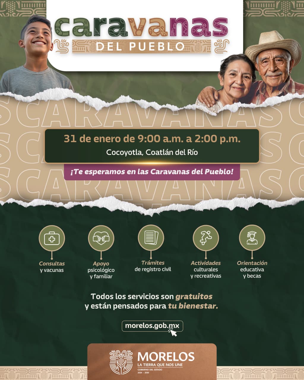 Llama Gobierno de Morelos a aprovechar servicios gratuitos en las Caravanas del Pueblo a realizarse en Cocoyotla, Coatlán del Río Llama Gobierno de Morelos a aprovechar servicios gratuitos en las Caravanas del Pueblo a realizarse en Cocoyotla, Coatlán del Río