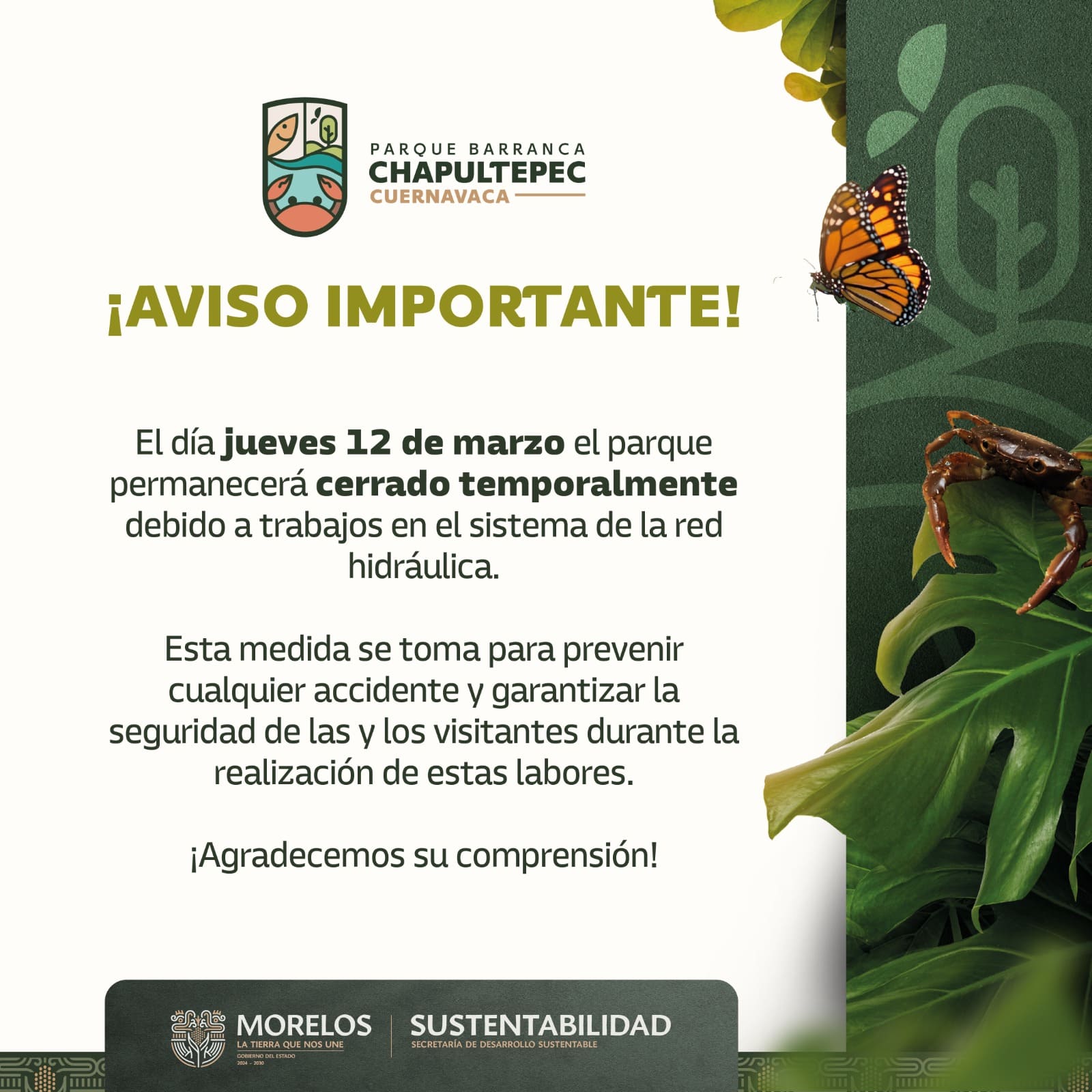  Por labores de mejora en la red hidráulica, anuncia SDS cierre temporal del Parque Barranca de Chapultepec