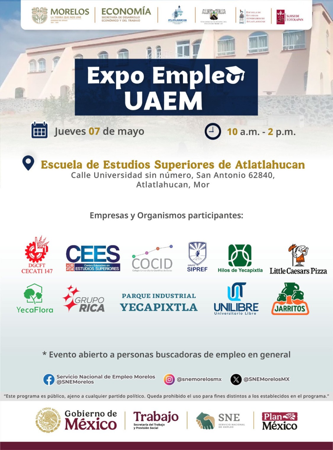 Realizará Gobierno de Morelos Expo Empleo en Atlatlahucan para impulsar oportunidades laborales