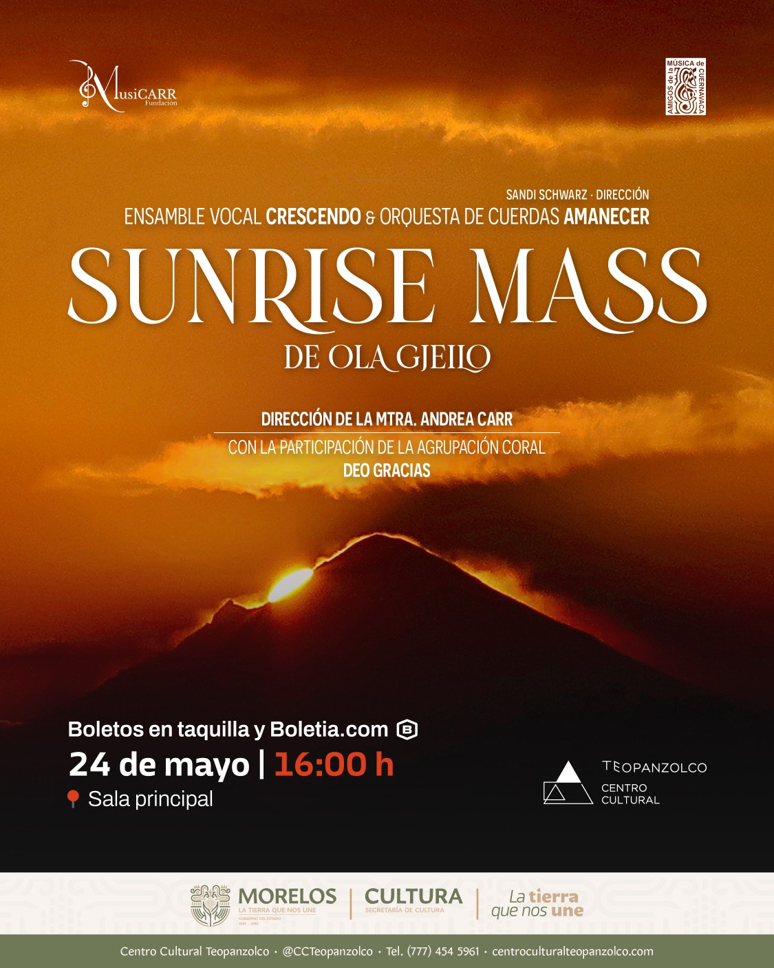 Invita Centro Cultural Teopanzolco a disfrutar de la experiencia coral-orquestal de gran formato que interpreta “Sunrise Mass”