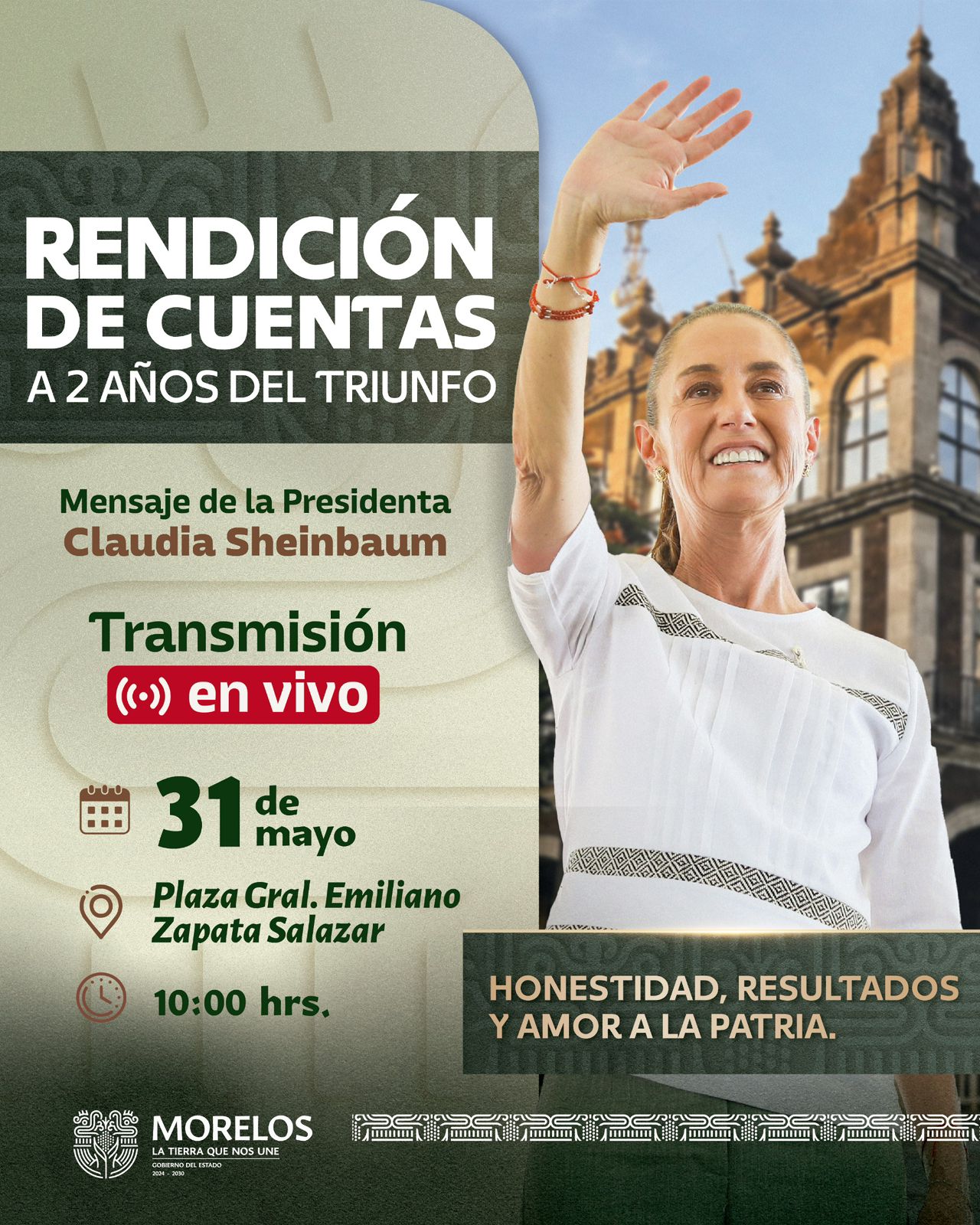 Invita Gobierno de Morelos a atestiguar la rendición de cuentas de la Presidenta Claudia Sheinbaum a dos años de su triunfo en las urnas