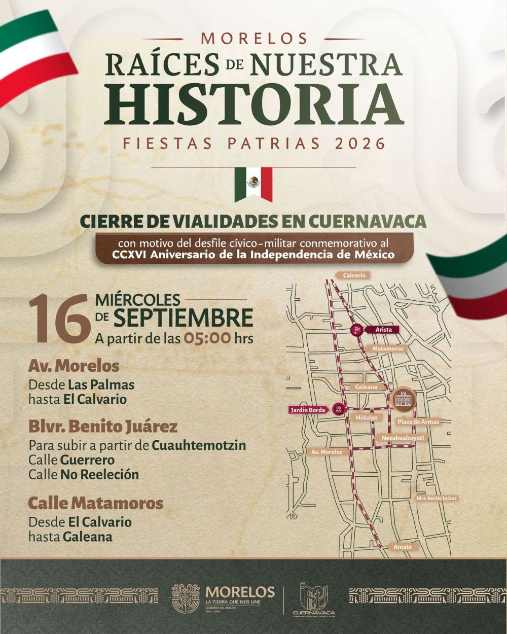Implementarán Gobierno de Morelos y municipio de Cuernavaca operativo vial por desfile Cívico-Militar del 16 de septiembre