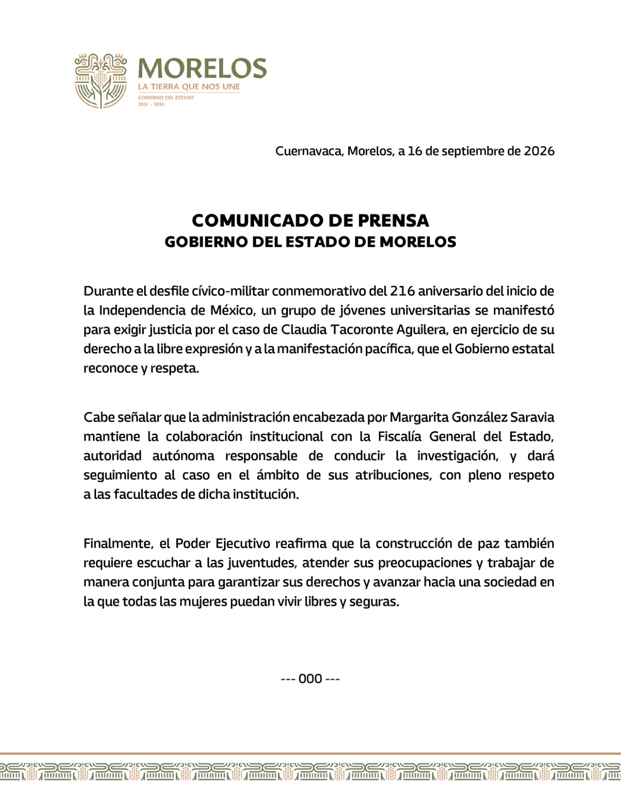 Comunicado de Prensa Gobierno del Estado de Morelos