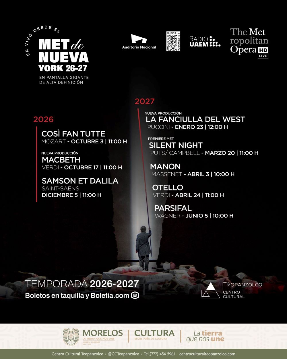 Presenta Teopanzolco ocho producciones del metropolitan opera de Nueva York