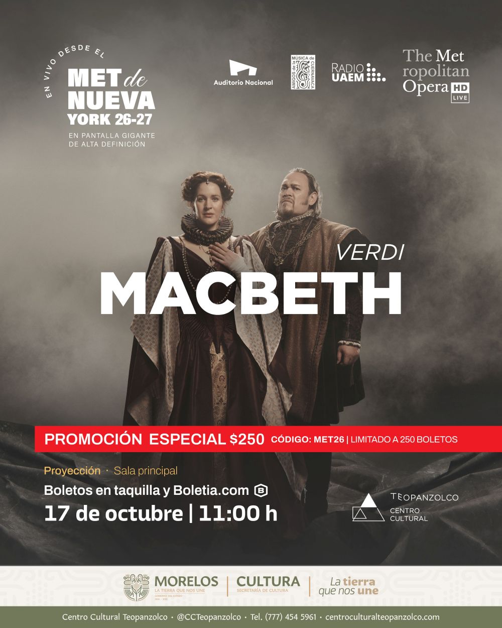 Transmitirá Centro Cultural Teopanzolco en vivo la Ópera Macbeth desde Nueva York