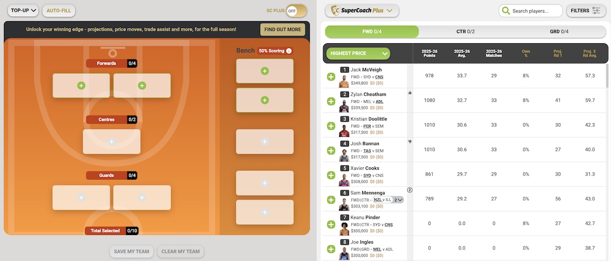 The SuperCoach NBL Classic interface