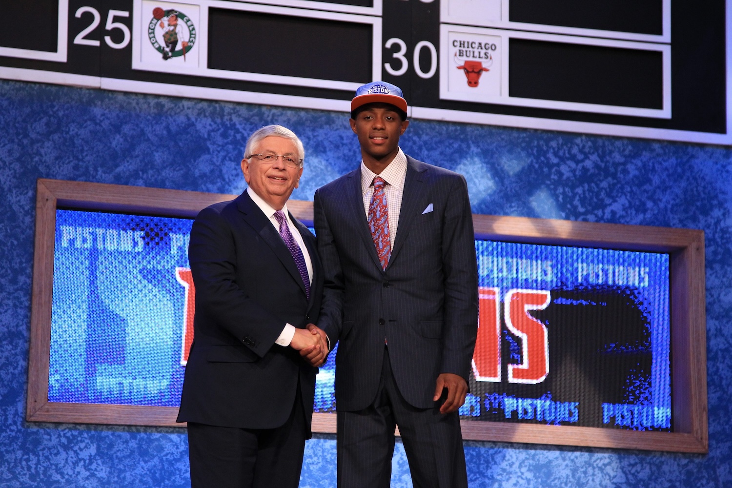 Detroit Pistons draft pick Brandon Knight shakes hands with NBA Commissioner David Stern after being selected eighth overall in the 2011 NBA Draft at Prudential Center in Newark, New Jersey