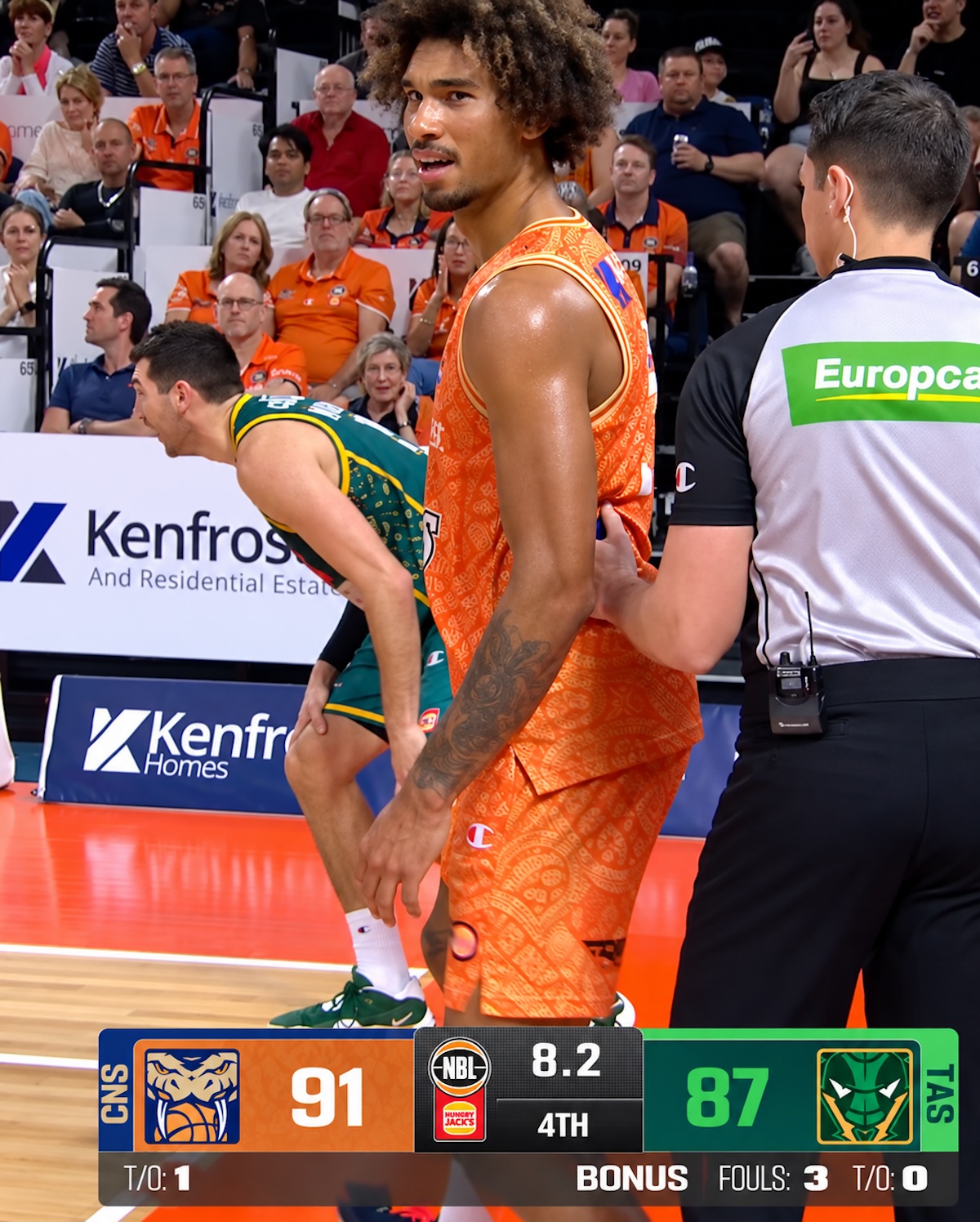 Two players, two different responses to the blown call: Cairns Taipans big man Keanu Pinder and Dakota Mathias