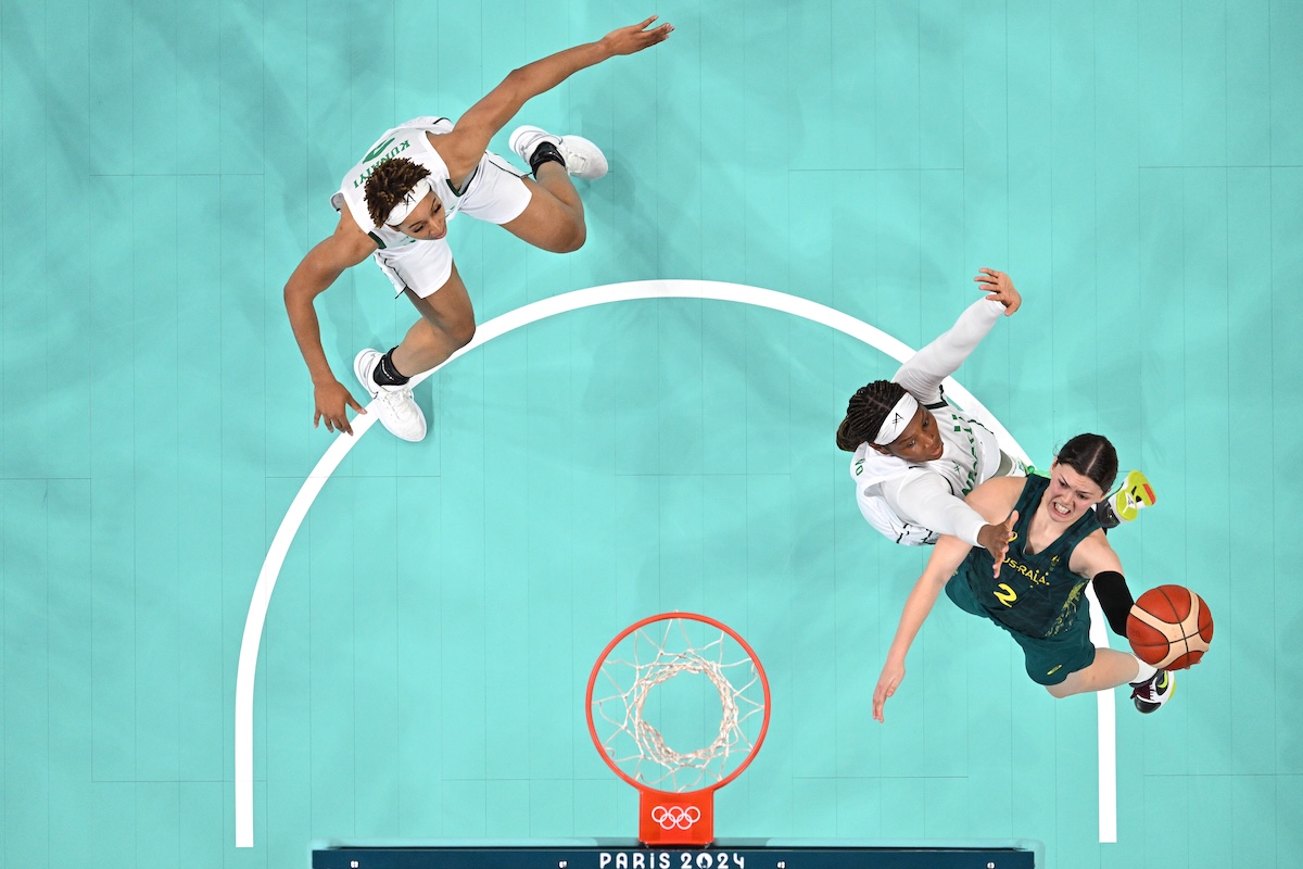 Opals guard Jade Melbourne goes to the basket against Nigeria at Stade Pierre Mauroy in Lille on July 29, 2024.