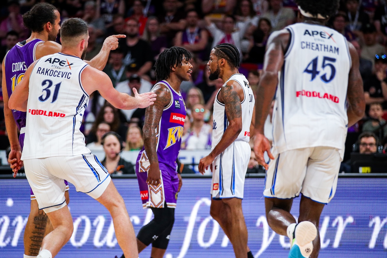 Kings guard Kendric Davis clashes with Bryce Cotton of the Adelaide 36ers at Afterpay Arena in Sydney on October 11, 2026