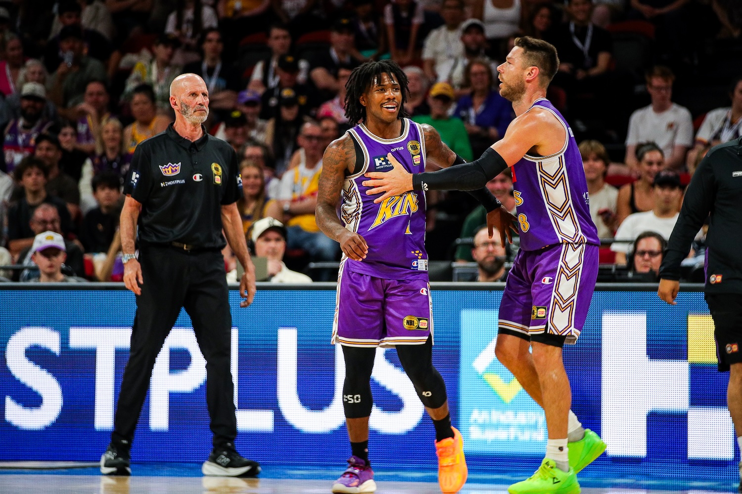 Kings guard Kendric Davis with Australian teammate Matthew Dellavedova against the Adelaide 36ers at Afterpay Arena in Sydney on October 11, 2026