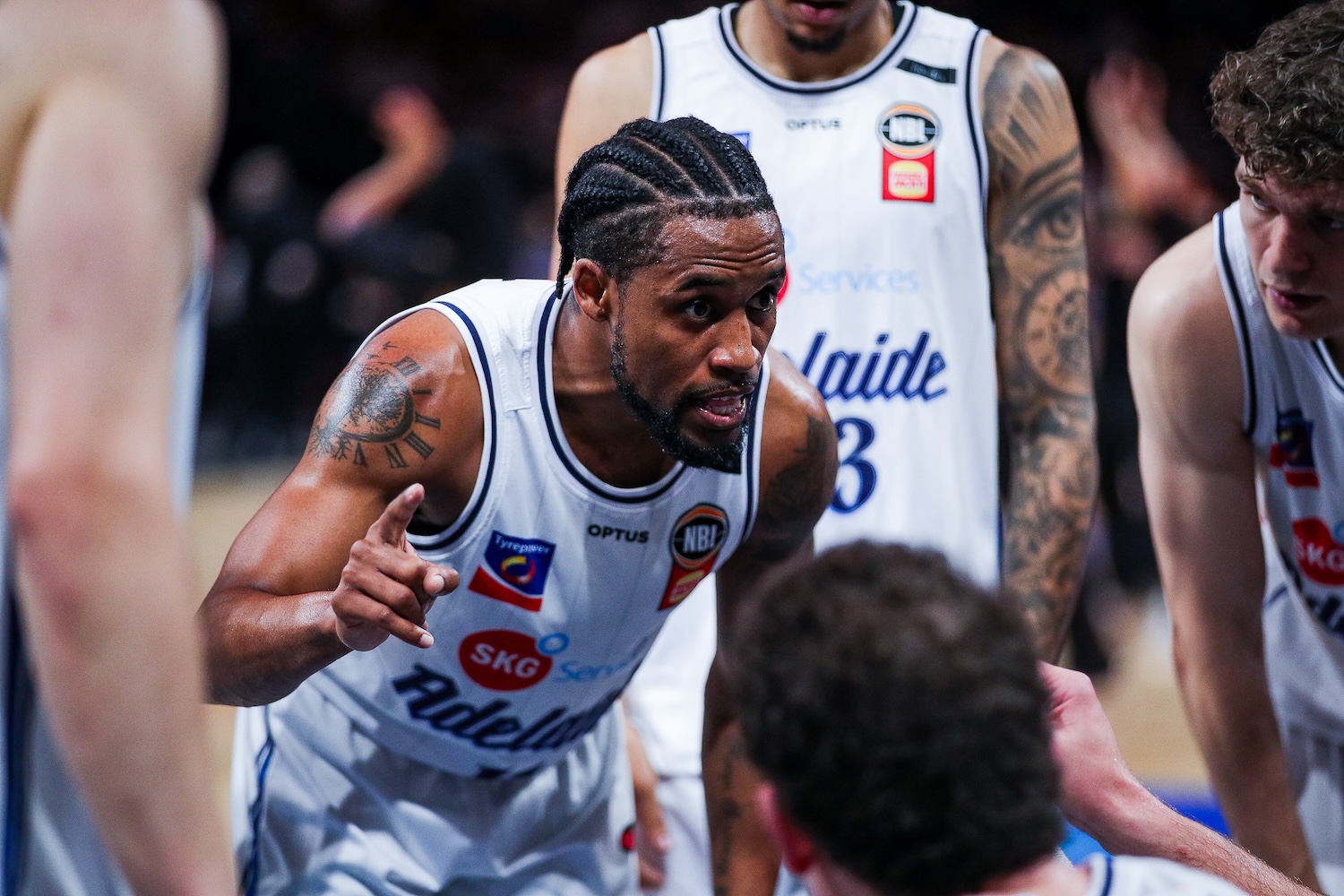 36ers guard Bryce Cotton talks in the huddle against the Sydney Kings at Afterpay Arena in Sydney on October 11, 2026