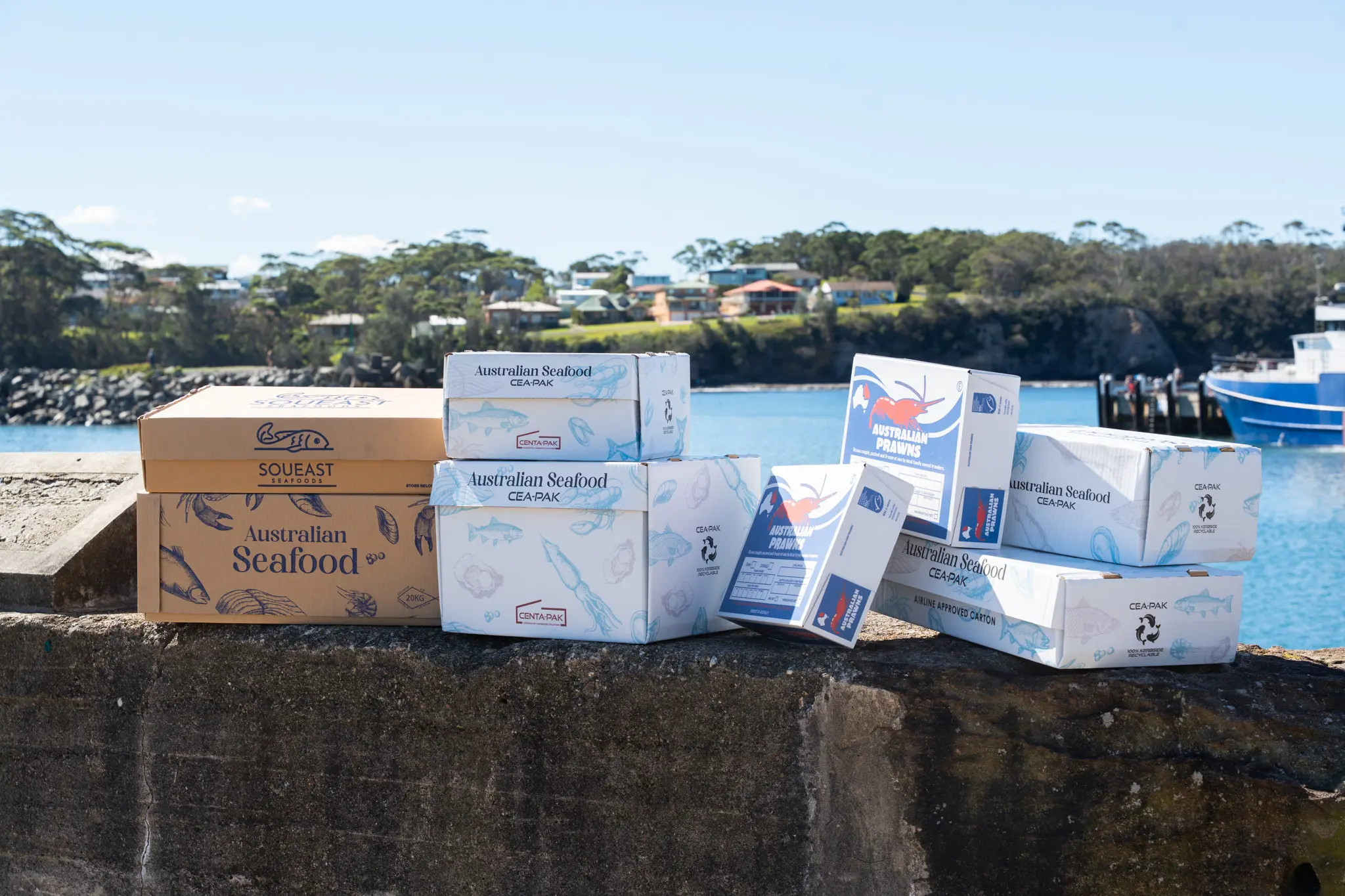 Various Australian seafood cardboard boxes stacked on a stone wall near the water, with a coastal background.
