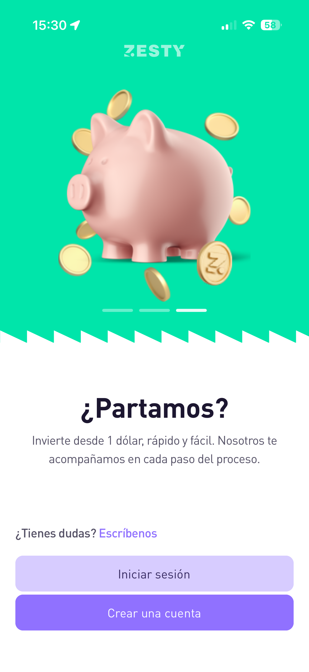 Pantalla de bienvenida de Zesty