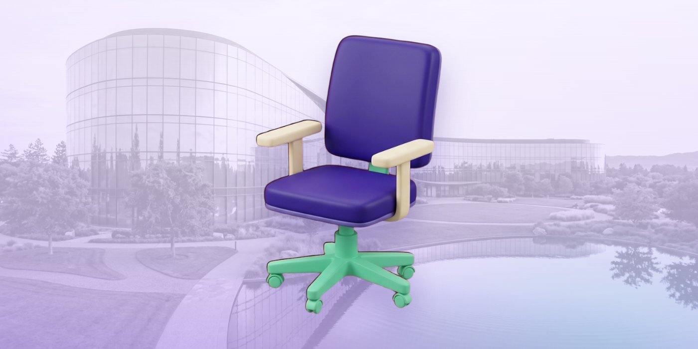 Silla de escritorio en 3D frente a un edificio corporativo de vidrio