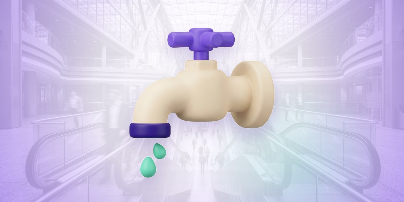 Llave de agua goteando, en tonos morados