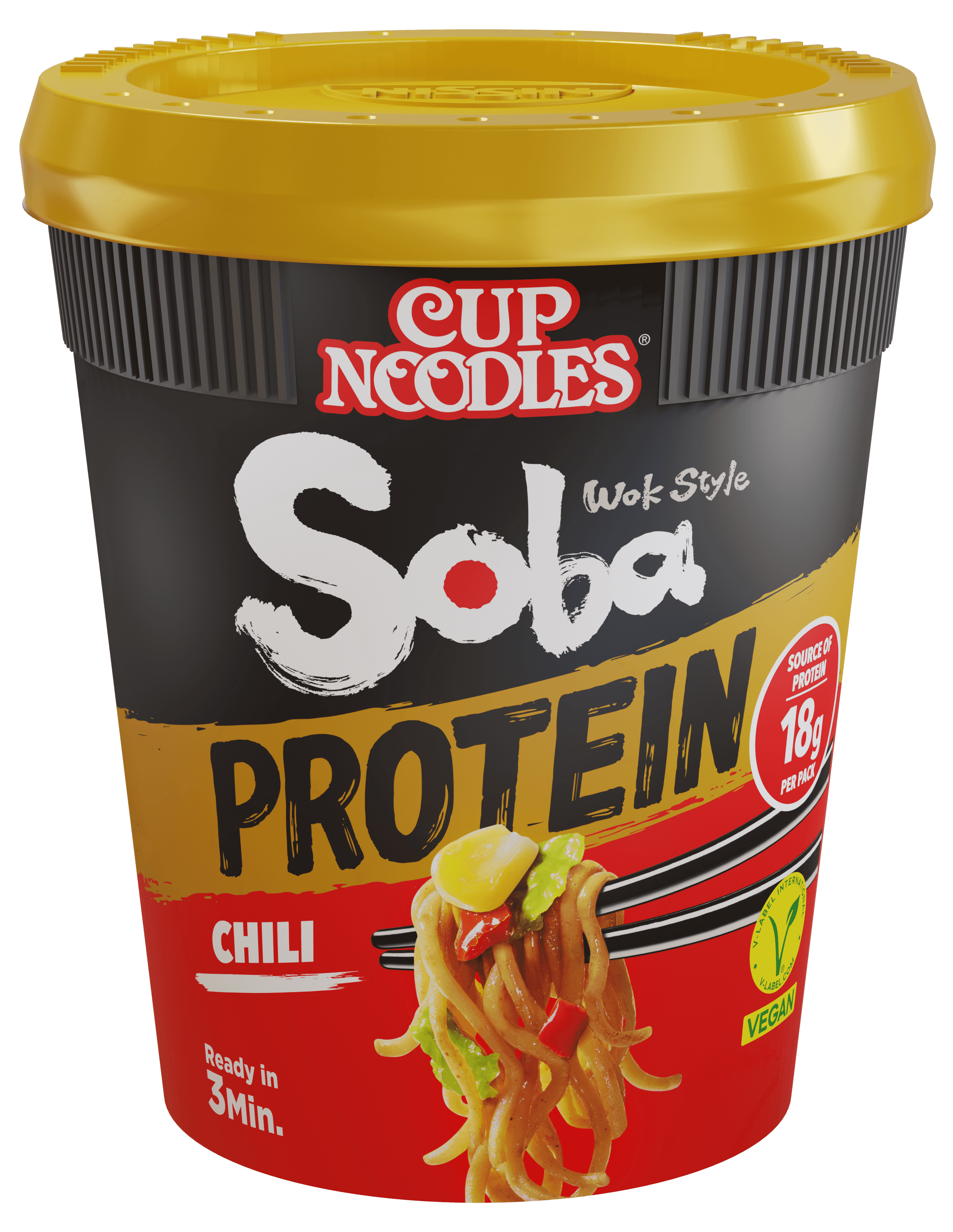 Cup Noodles Soba PROTEIN Wok Style gebratene Instantnudeln Japan Becher Chili extra Protein 18 g mehr Toppings vegan 