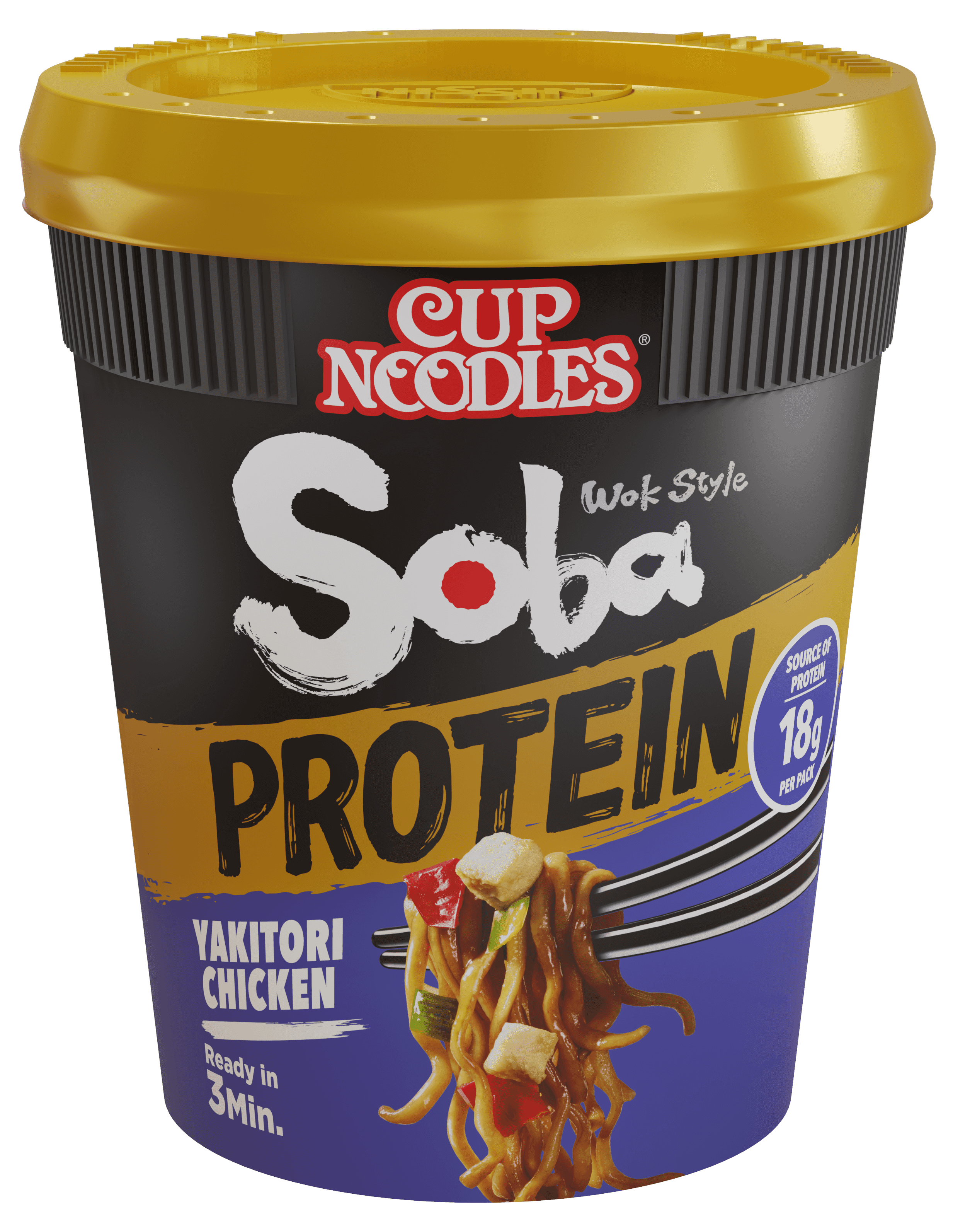 Cup Noodles Soba PROTEIN Wok Style gebratene Instantnudeln Japan Becher Yakitori Chicken extra Protein 18 g mehr Toppings 
