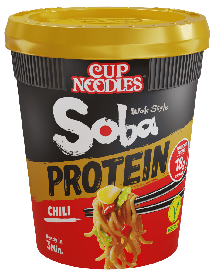 Cup Noodles Soba PROTEIN Wok Style gebratene Instantnudeln Japan Becher Chili extra Protein 18 g mehr Toppings vegan 
