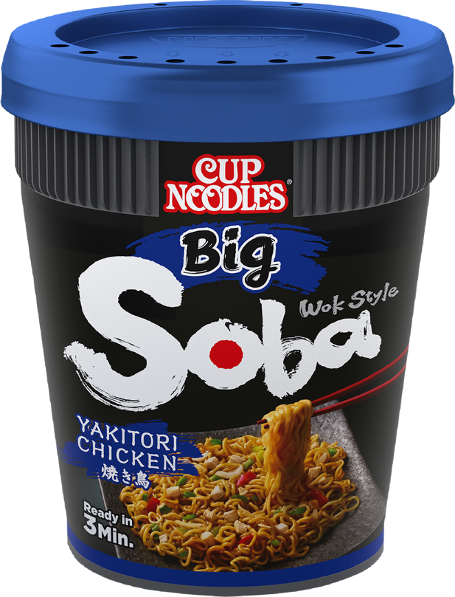 Cup Noodles Soba BIG Wok Style stegte japanske instantnudler Yakitori Chicken bigger portion more content Asian vegansk