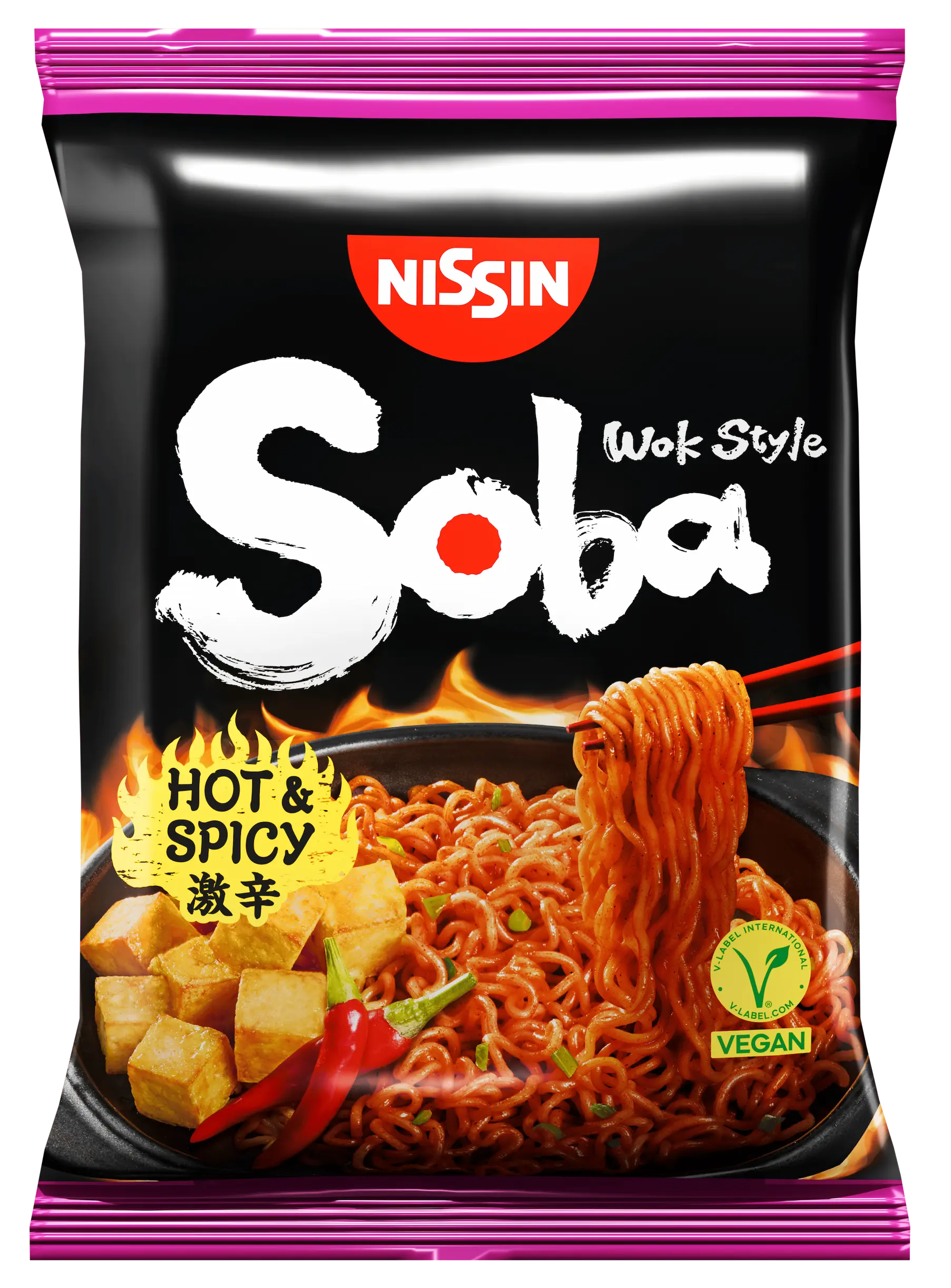 Cup Noodles Soba Bag Wok Style gebratene japanische Instantnudeln in der Tüte Hot & Spicy Flavour Geschmack Scharf Chili lecker