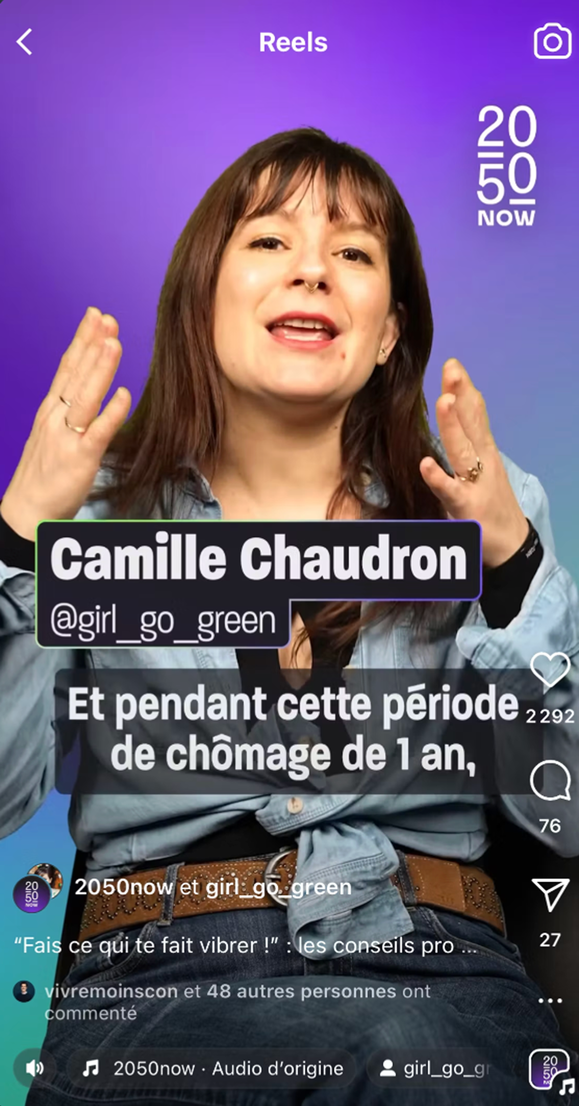 Woman named Camille Chaudron speaking in a video with text overlays in French and social media icons on the right.