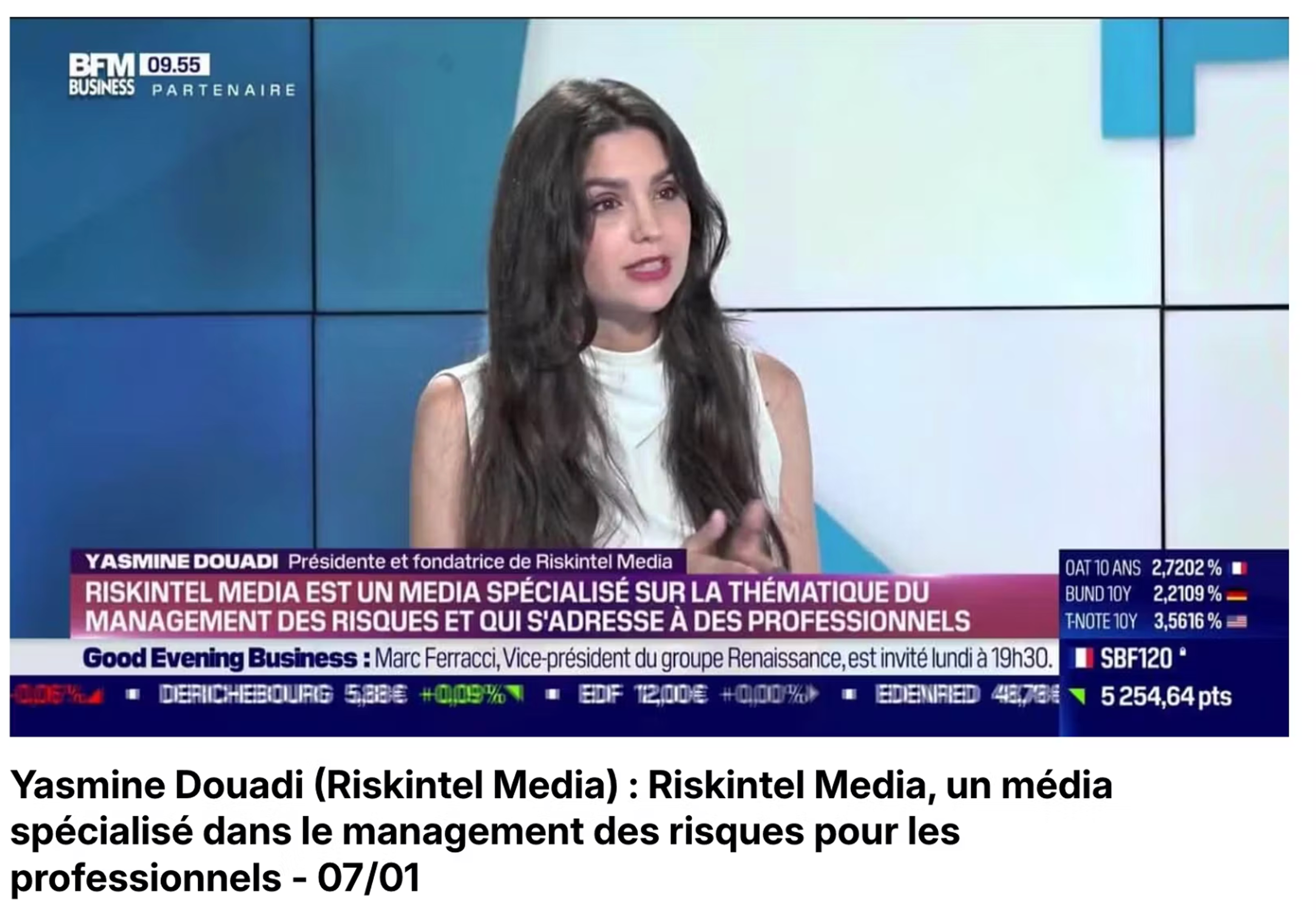 Yasmine Douadi speaking on BFM Business about Riskintel Media specializing in risk management for professionals.