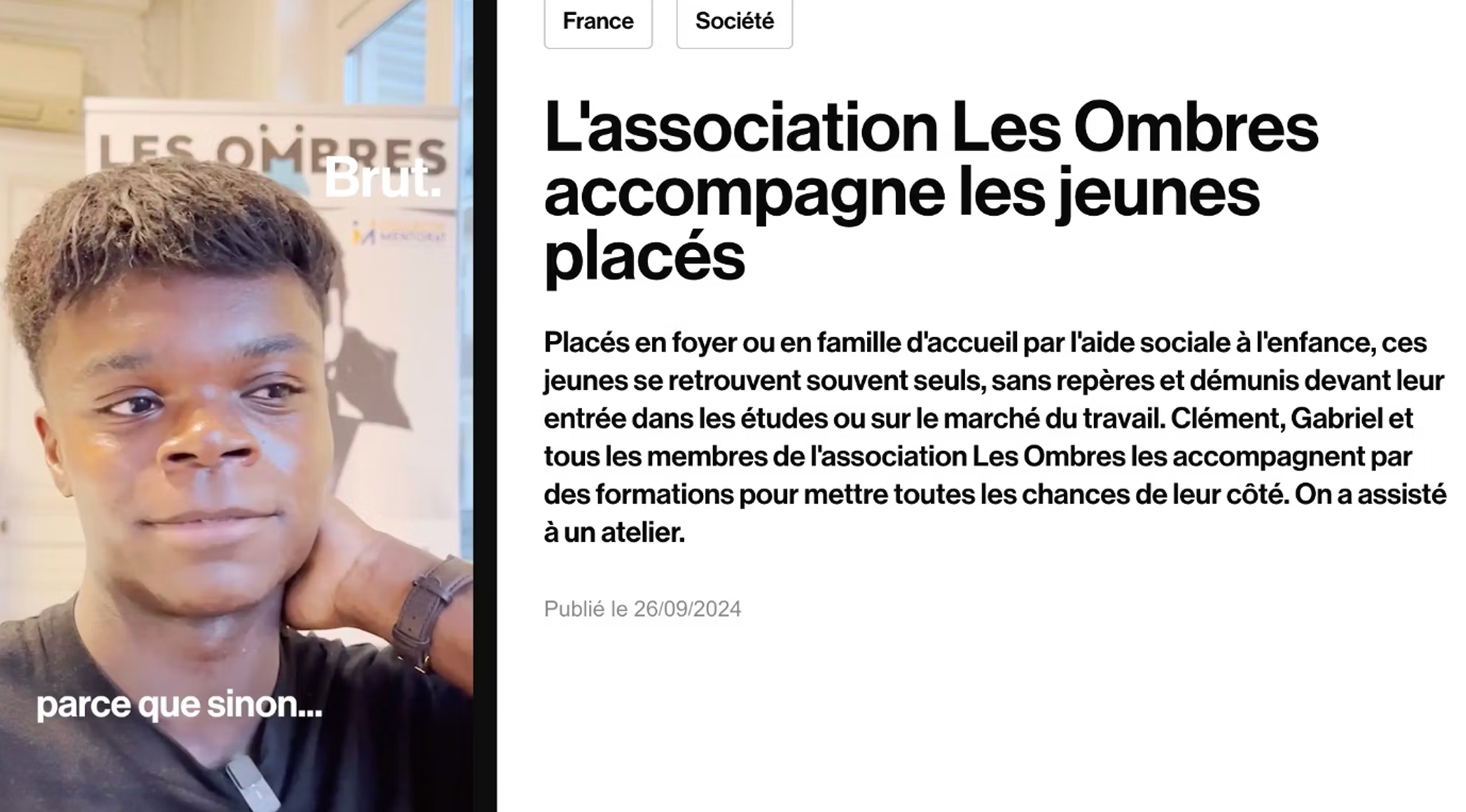Portrait of a young man with short hair resting his hand on his neck, next to text about association Les Ombres supporting placed youth.