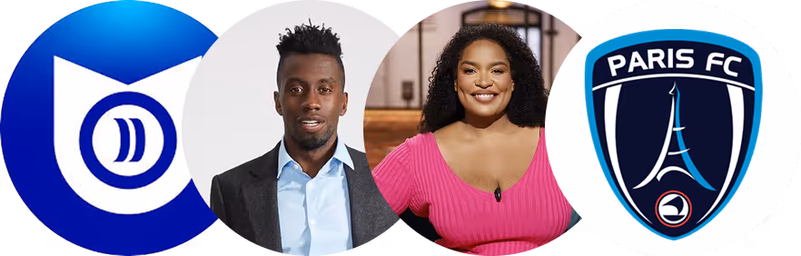 Four circular images side by side: a blue and white logo with a stylized 'D', a man in a gray blazer and blue shirt, a woman in a pink top smiling, and the Paris FC soccer club logo.