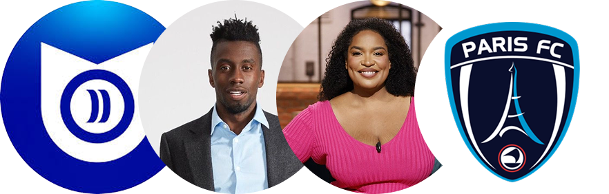 Four circular images side by side: a blue and white logo with a stylized 'D', a man in a gray blazer and blue shirt, a woman in a pink top smiling, and the Paris FC soccer club logo.