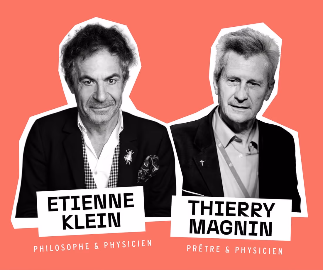 Portraits en noir et blanc d’Etienne Klein philosophe et Thierry Magnin prêtre sur fond rouge.